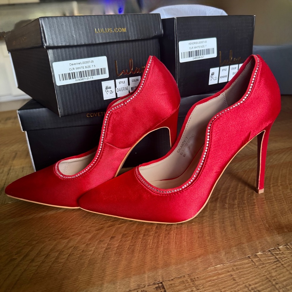 Lulu's Galanty Red Satin Rhinestone Pointed-Toe Pumps